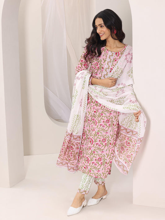 Peach Printed Cotton Straight Suit Set With Dupatta
