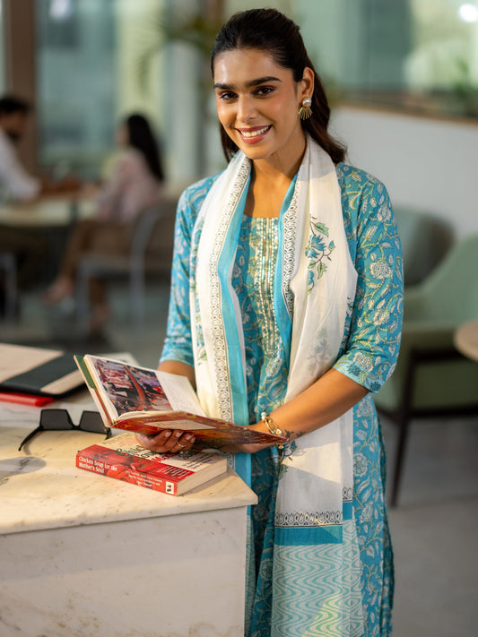 Blue Printed Cotton Straight Suit Set With Dupatta