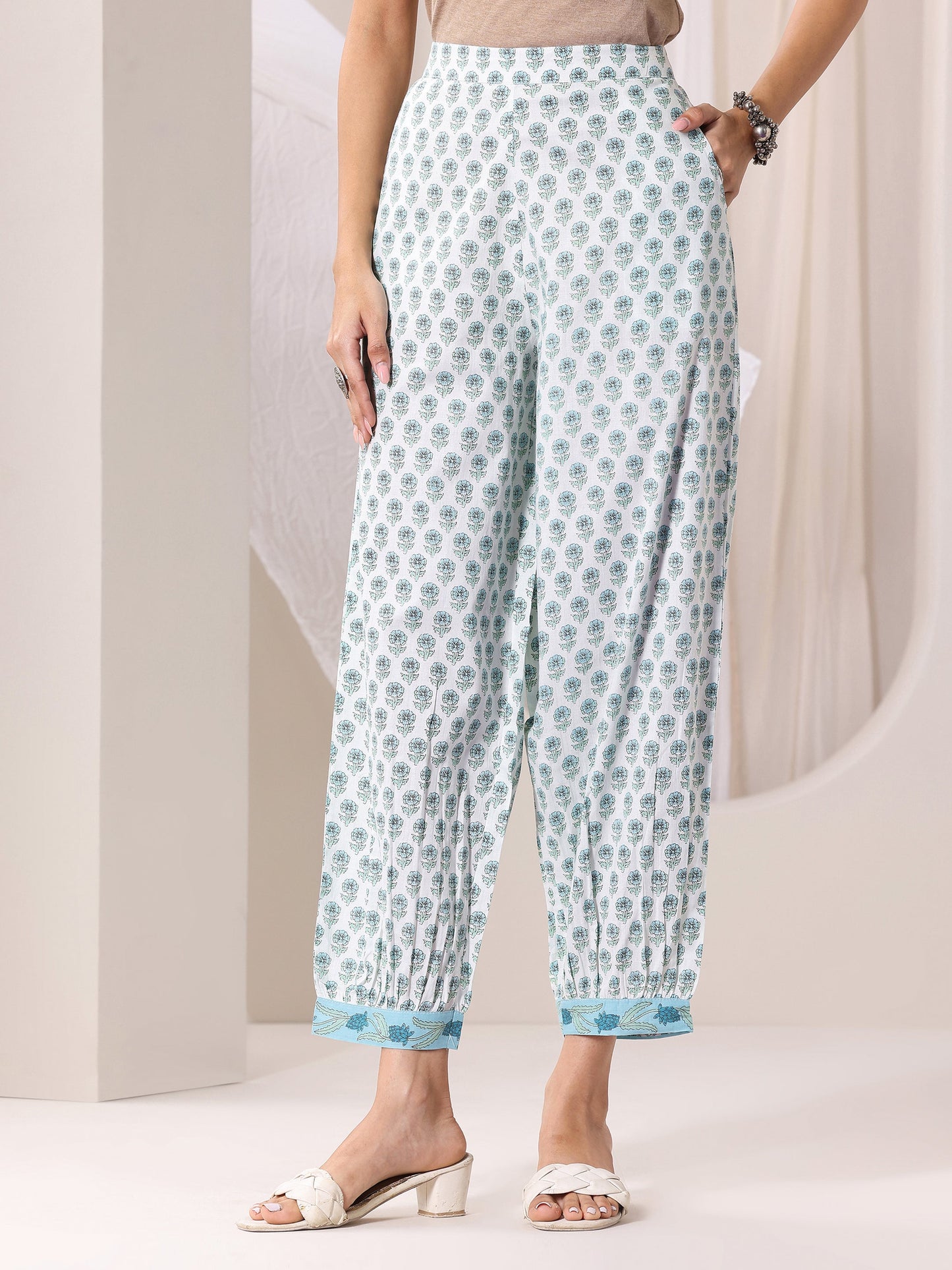 Blue Printed Cotton Straight Suit Set With Dupatta