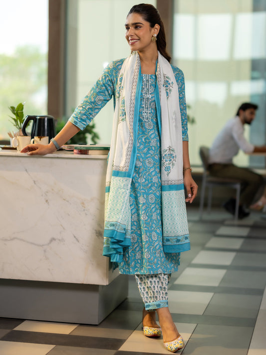 Blue Printed Cotton Straight Suit Set With Dupatta