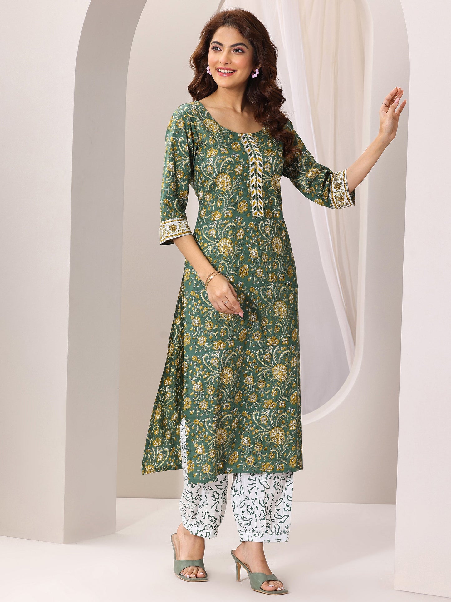 Green Printed Cotton Straight Suit Set With Dupatta