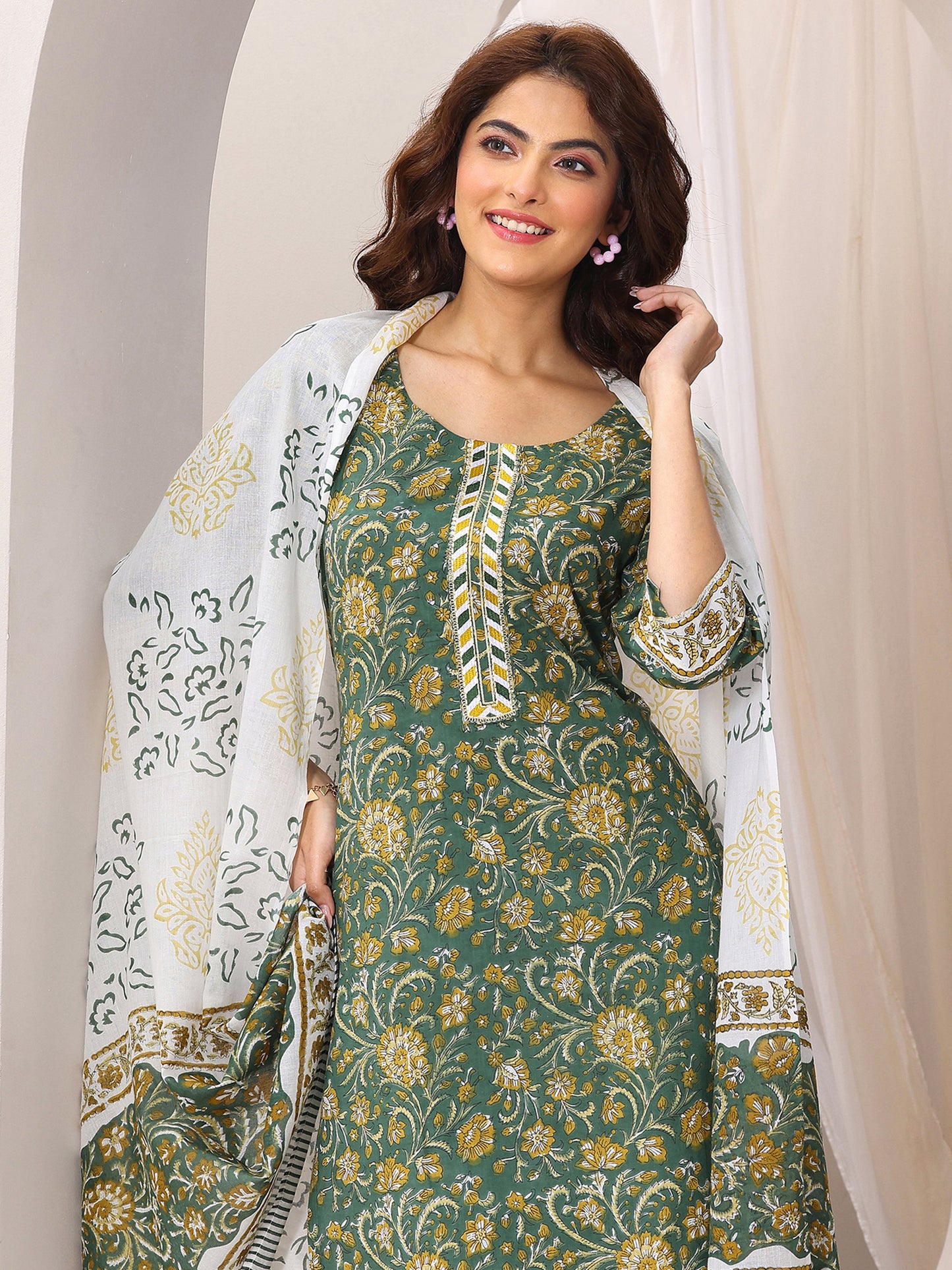 Green Printed Cotton Straight Suit Set With Dupatta
