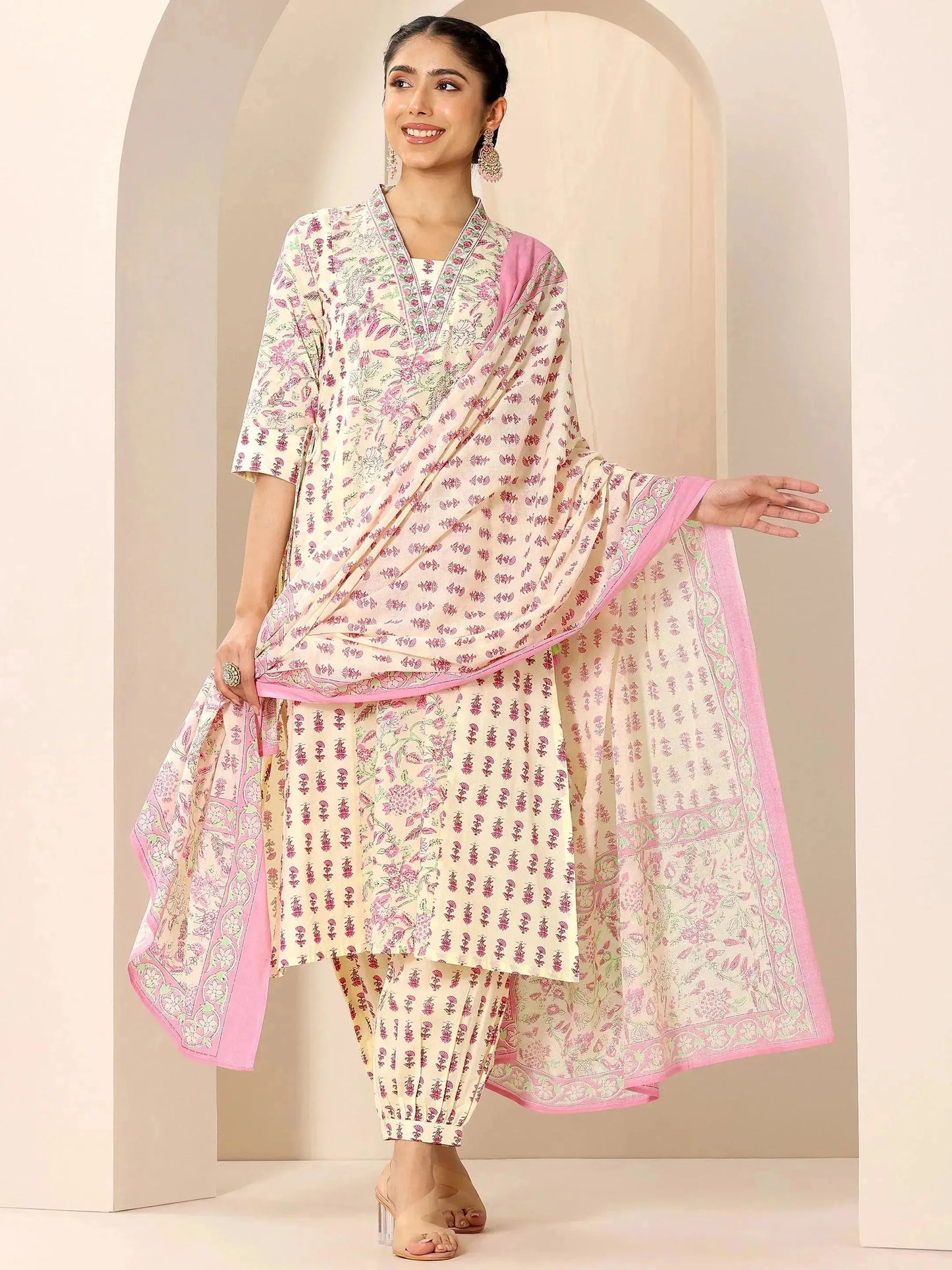 Pink Printed Cotton A-Line Suit Set With Dupatta