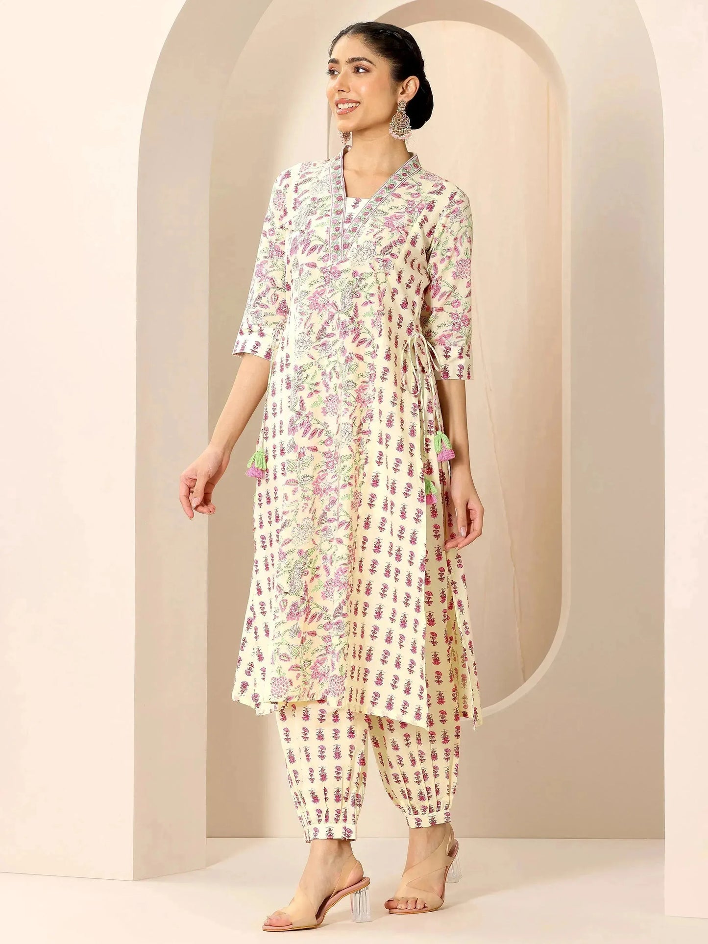 Pink Printed Cotton A-Line Suit Set With Dupatta