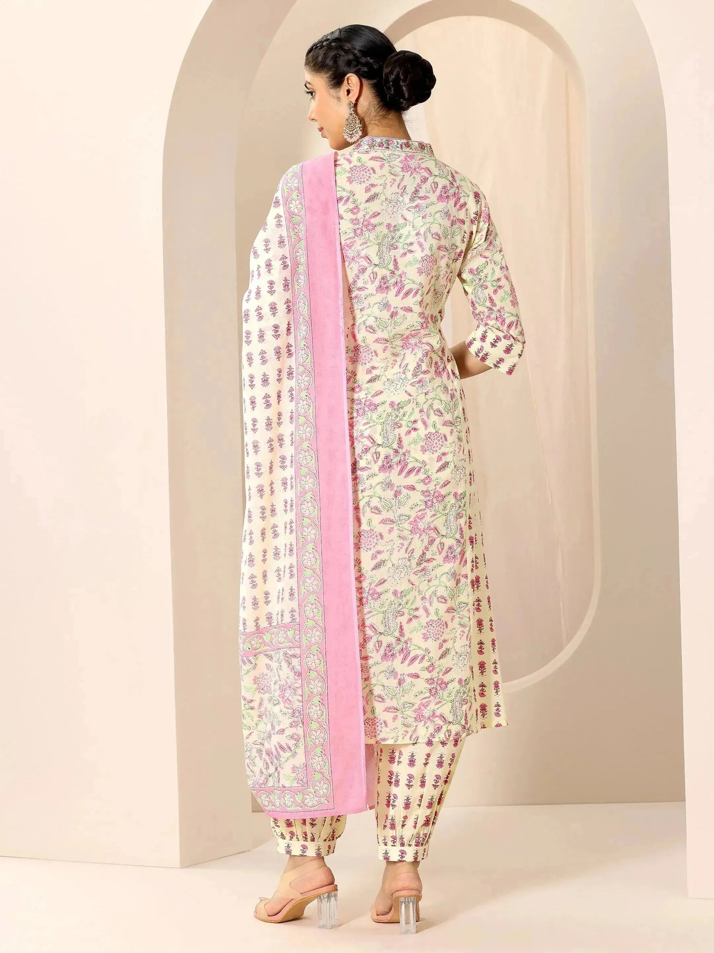 Pink Printed Cotton A-Line Suit Set With Dupatta