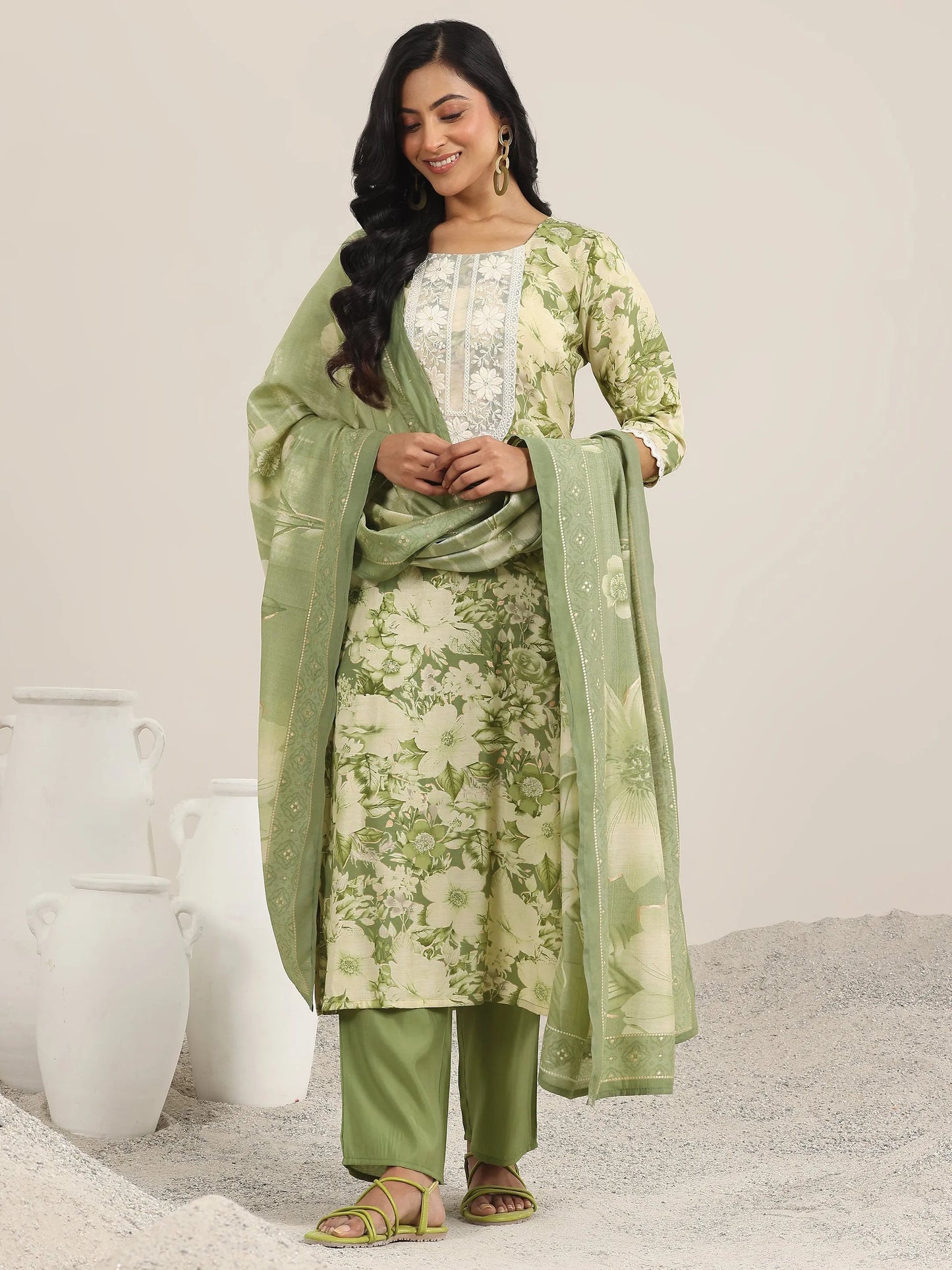 Green Printed Silk Blend Straight Suit With Dupatta