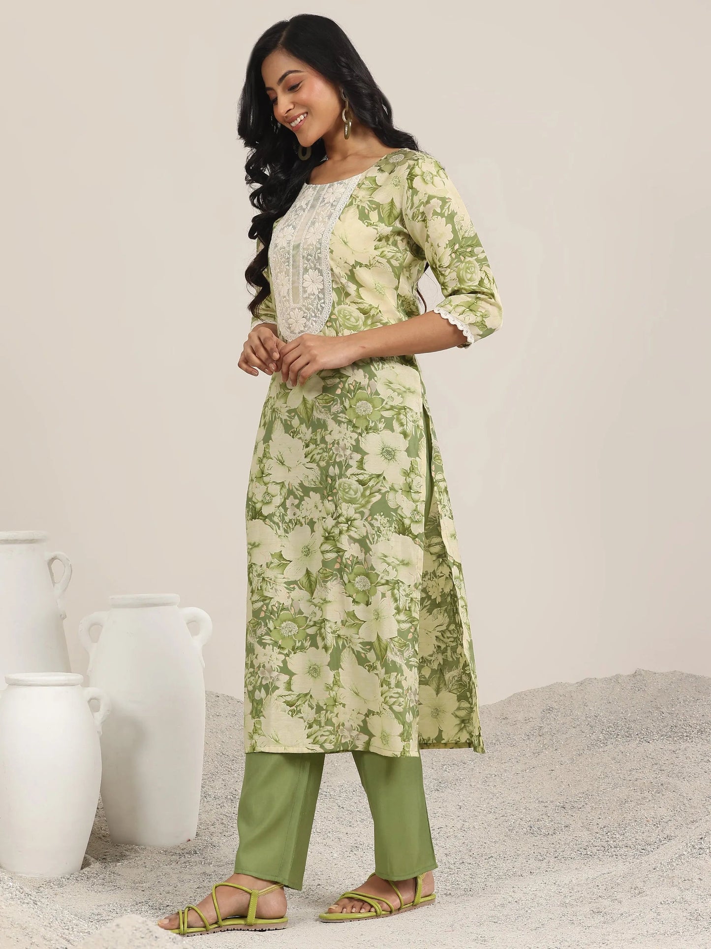 Green Printed Silk Blend Straight Suit With Dupatta