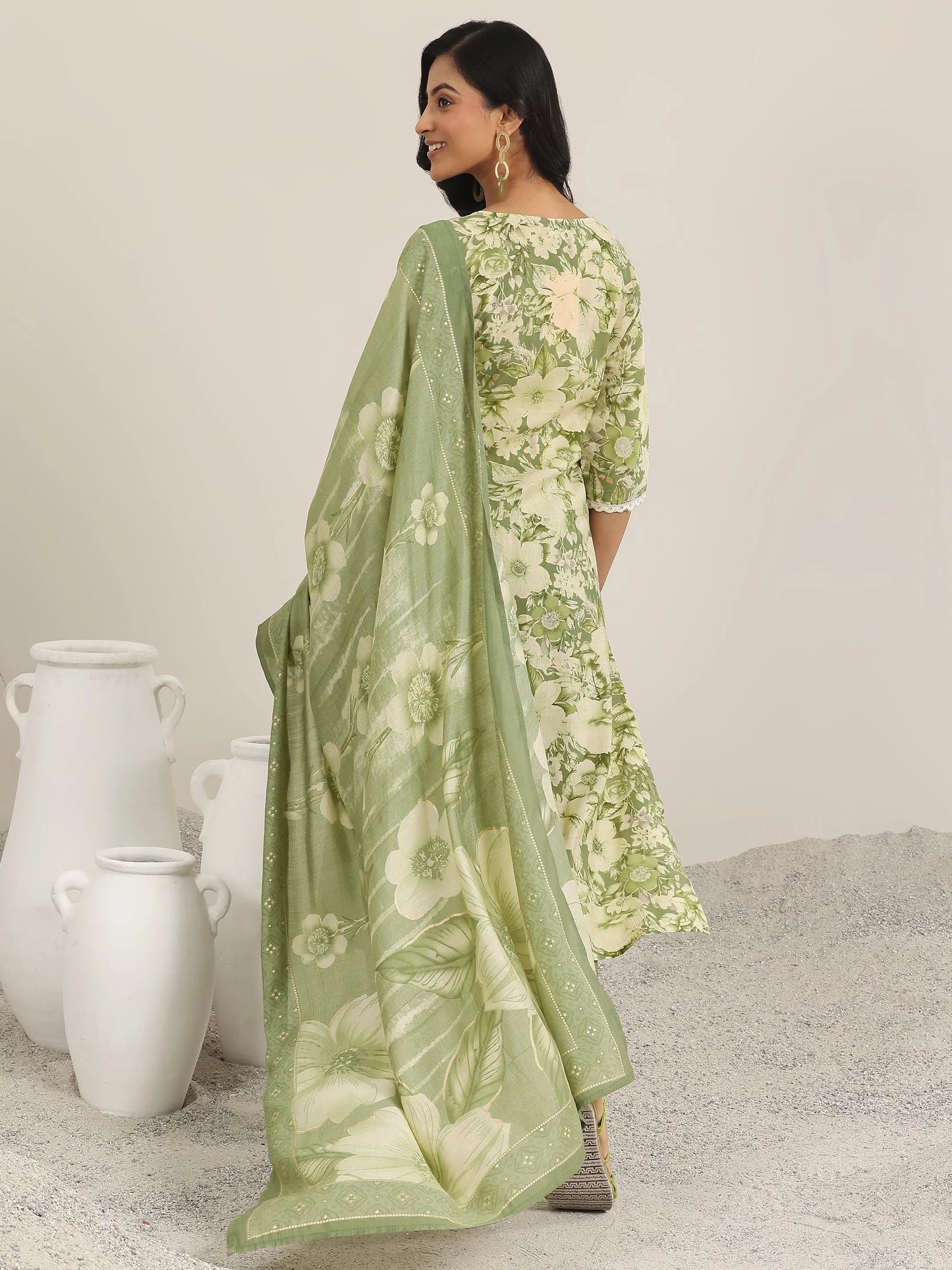 Green Printed Silk Blend Straight Suit With Dupatta