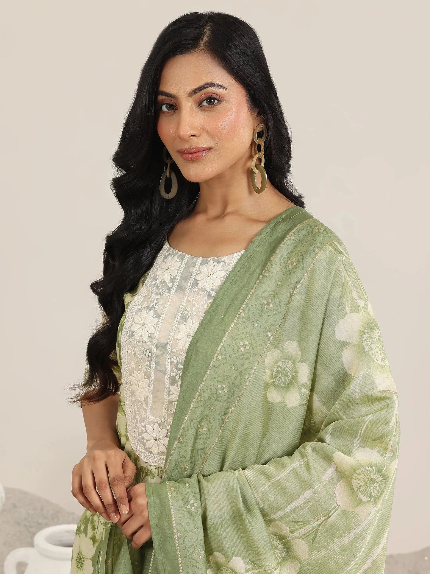 Green Printed Silk Blend Straight Suit With Dupatta