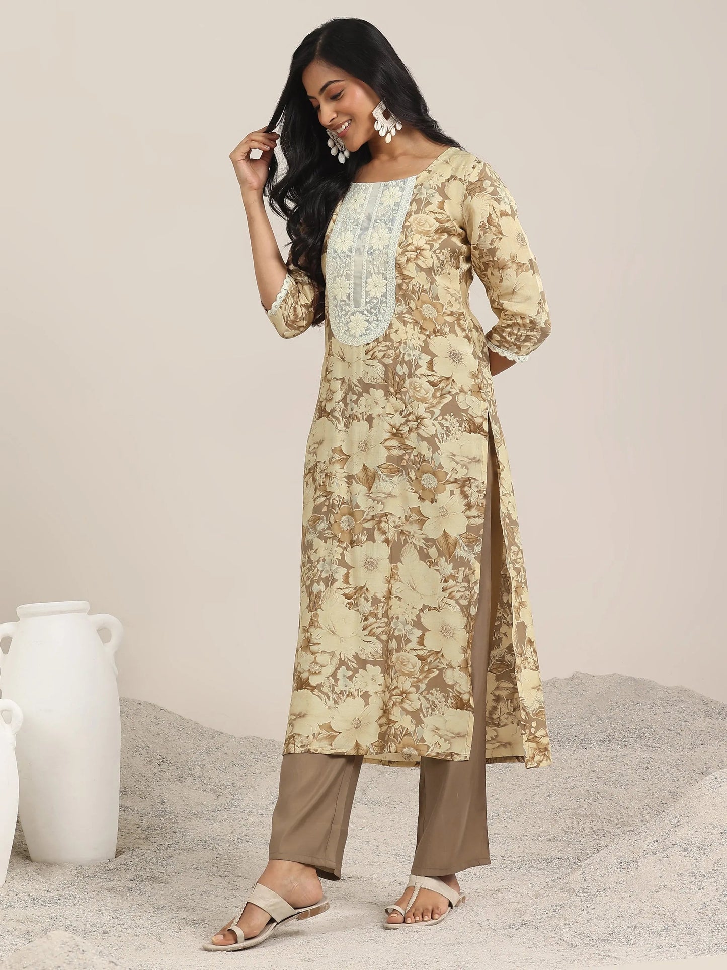 Brown Printed Silk Blend Straight Suit With Dupatta