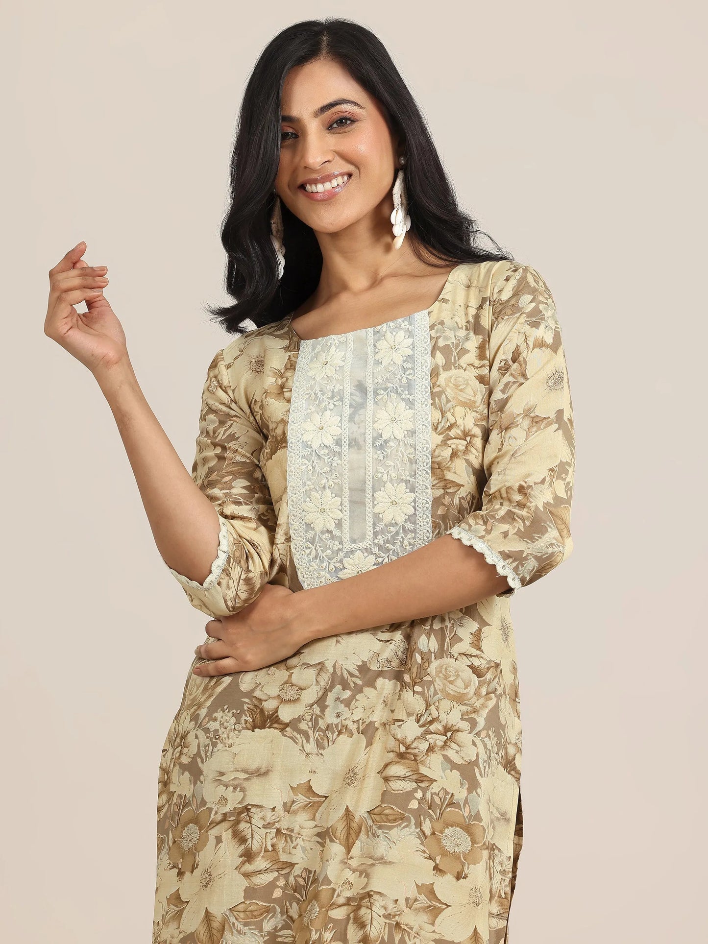 Brown Printed Silk Blend Straight Suit With Dupatta