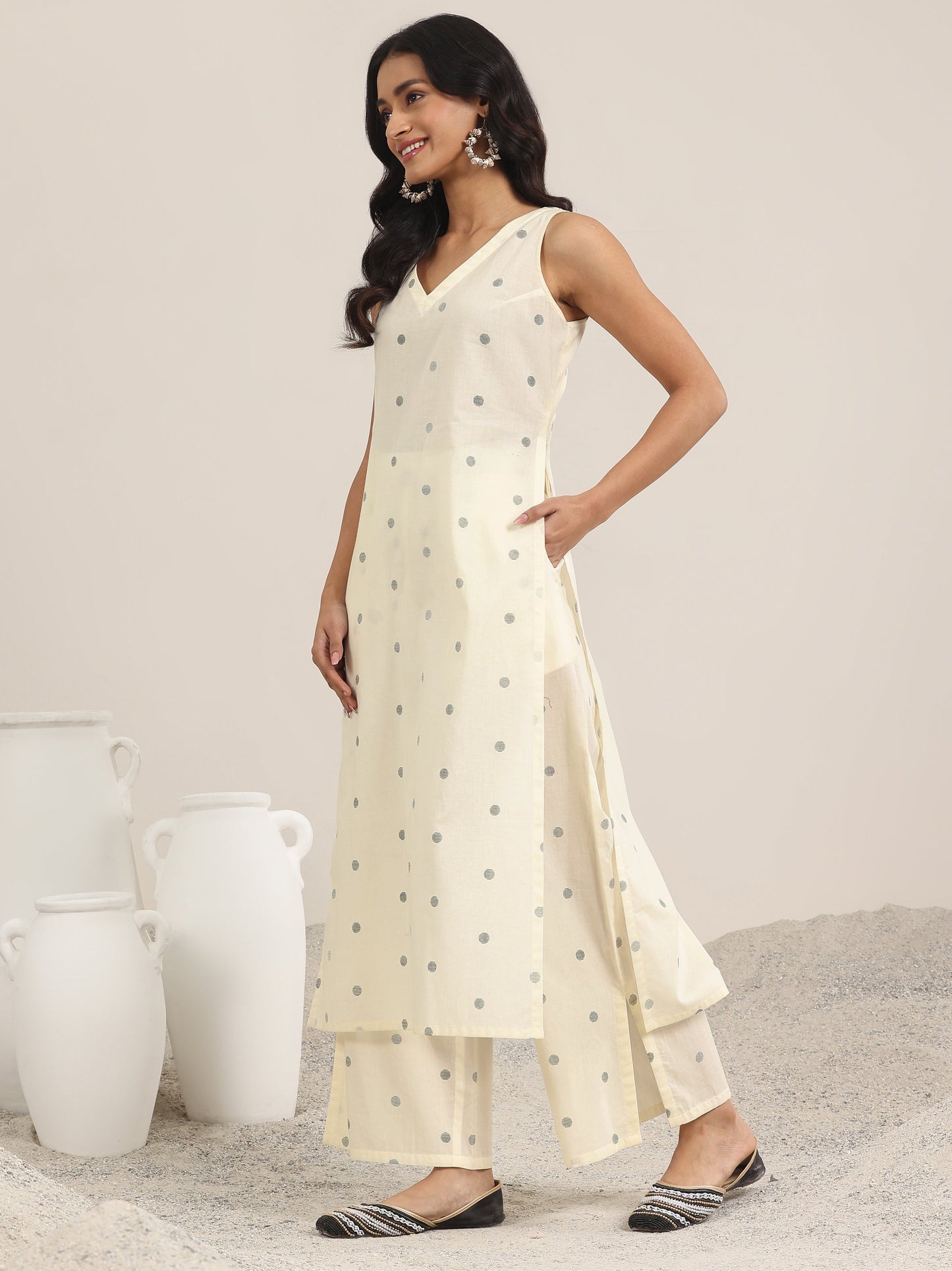 White Printed Cotton Straight Kurta Set