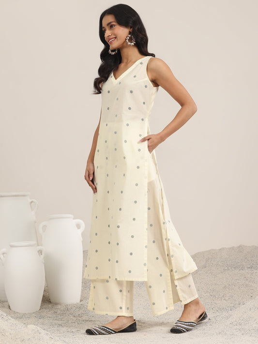 White Printed Cotton Straight Kurta Set