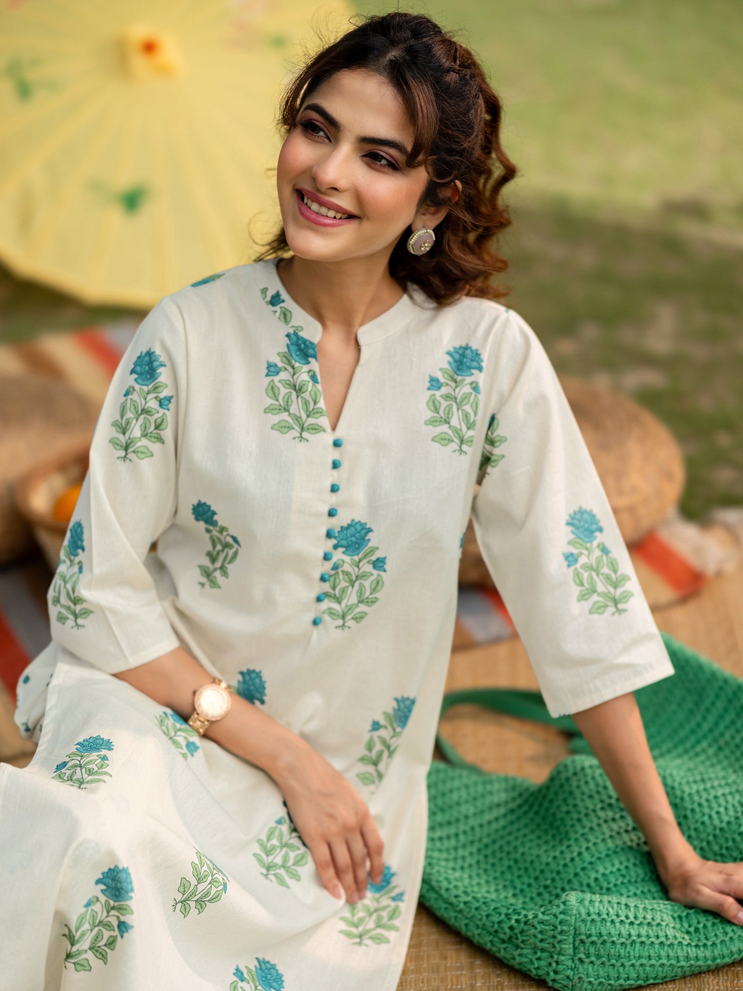 Off white Printed Cotton Straight Kurta Set