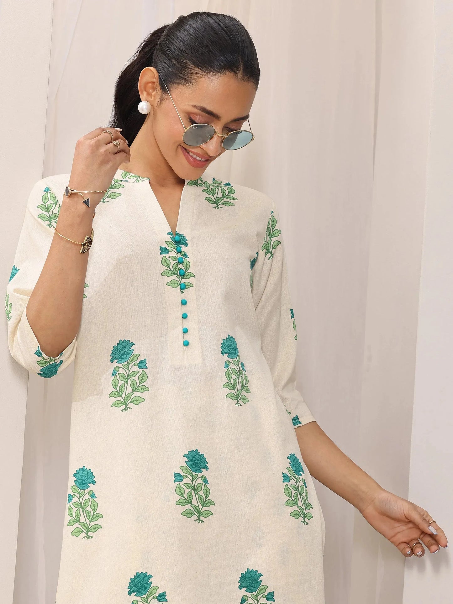 Off white Printed Cotton Straight Kurta Set