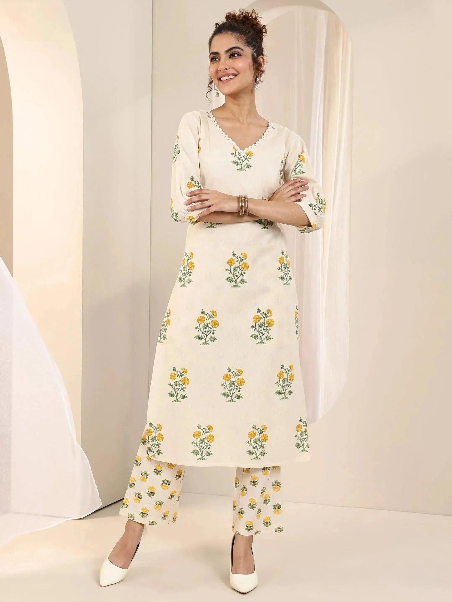 Off white Printed Cotton Straight Kurta Set