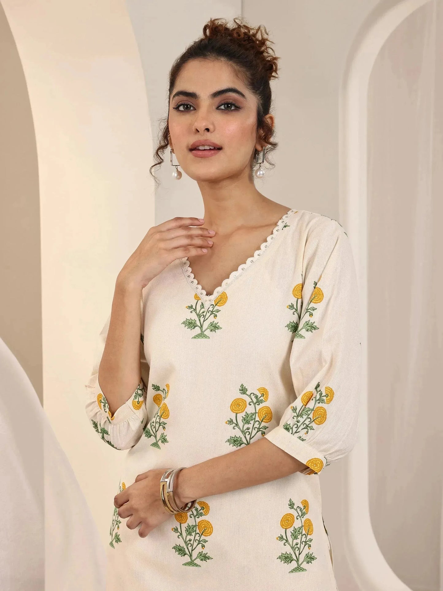 Off white Printed Cotton Straight Kurta Set
