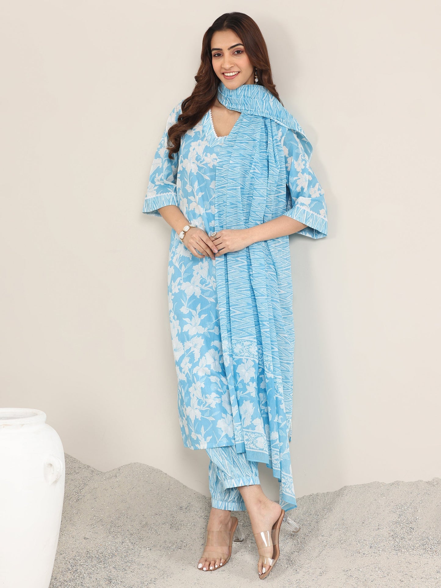 Blue Printed Cotton Straight Suit With Dupatta