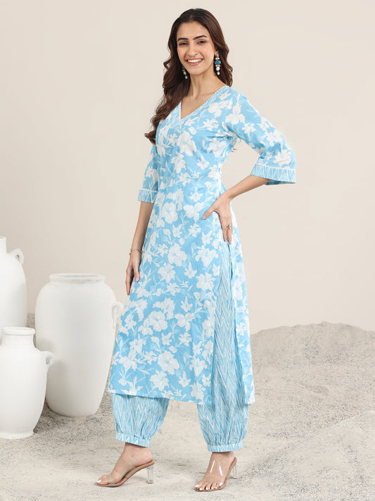 Blue Printed Cotton Straight Suit With Dupatta