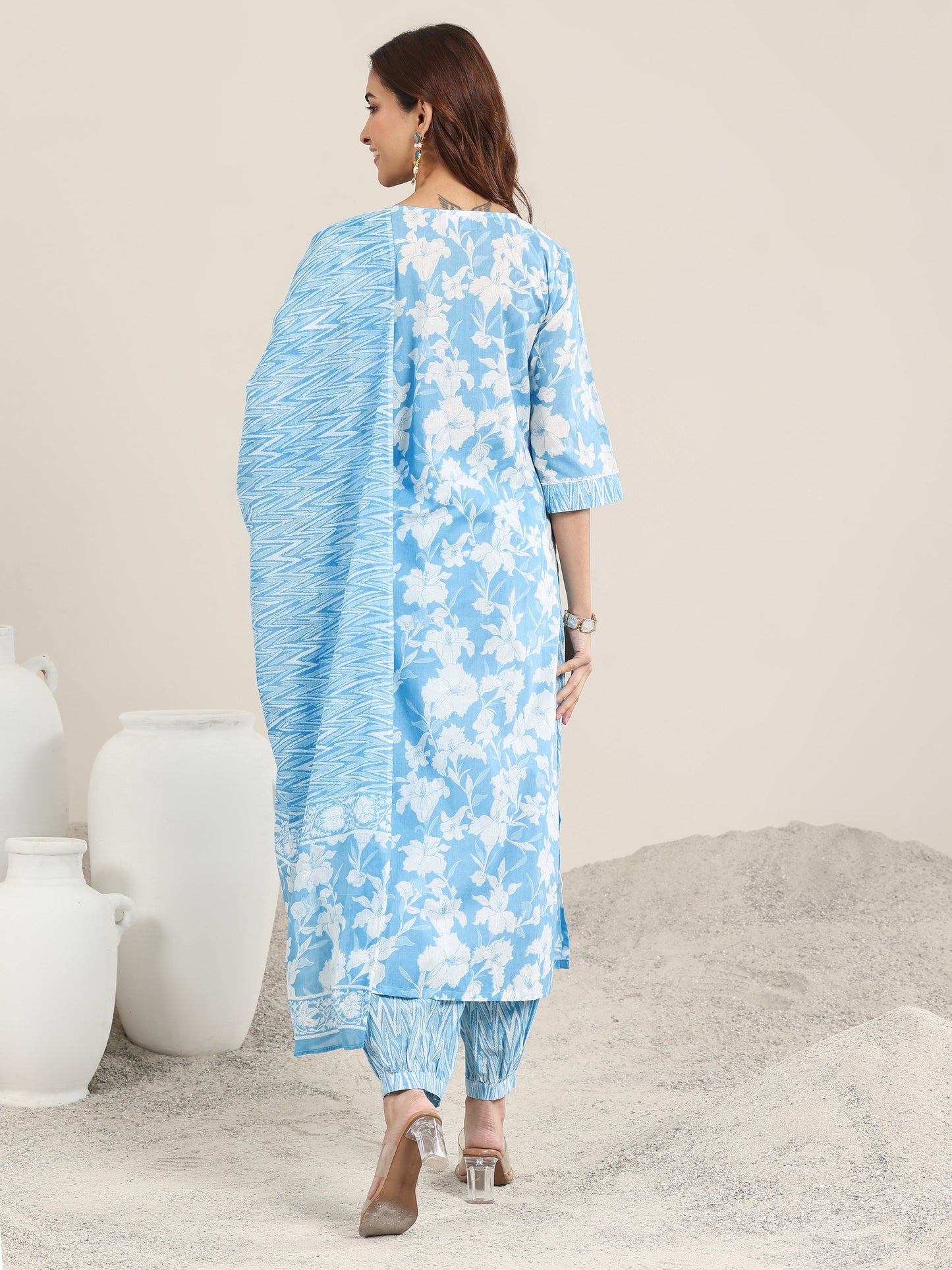 Blue Printed Cotton Straight Suit With Dupatta