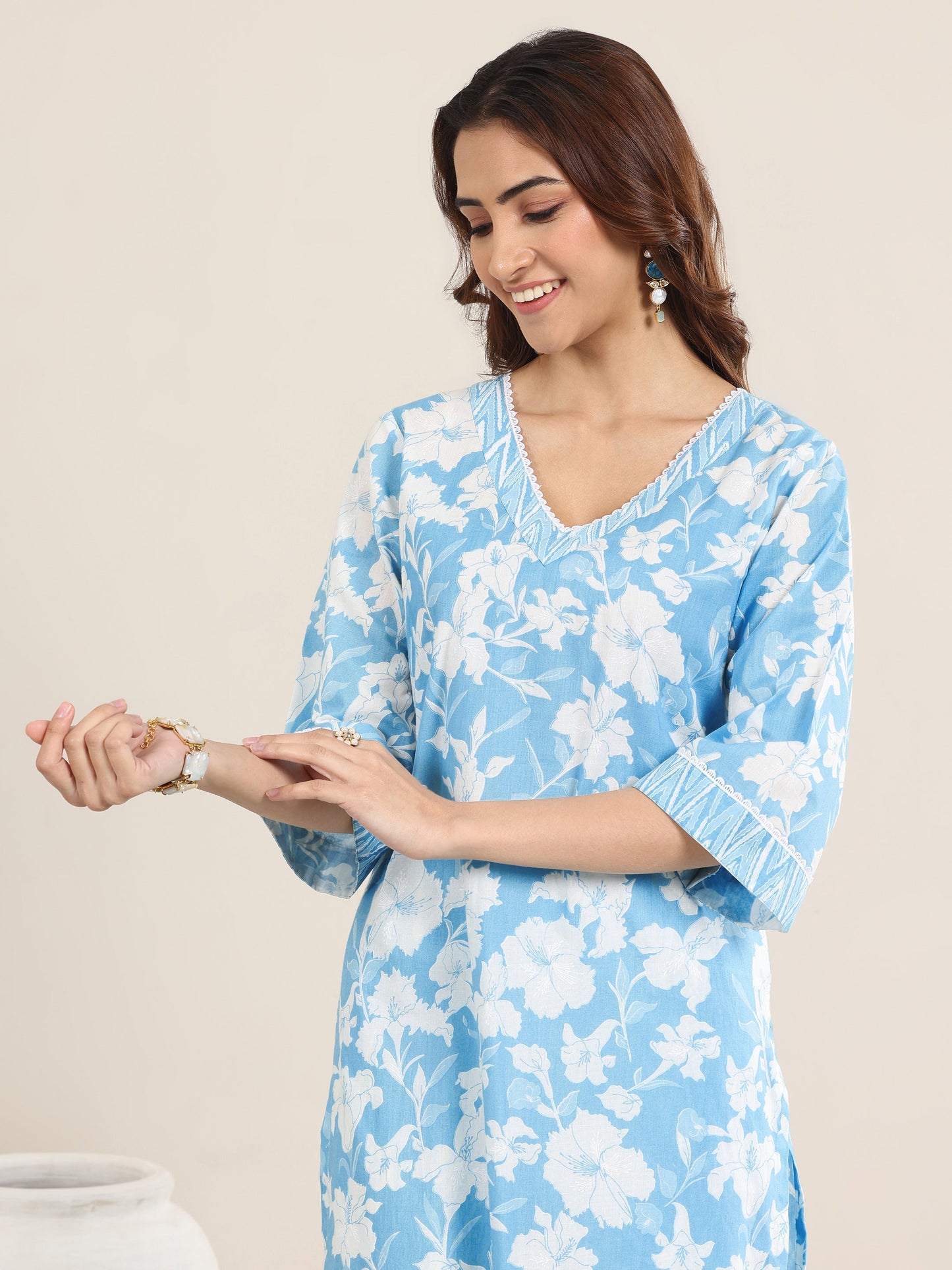 Blue Printed Cotton Straight Suit With Dupatta