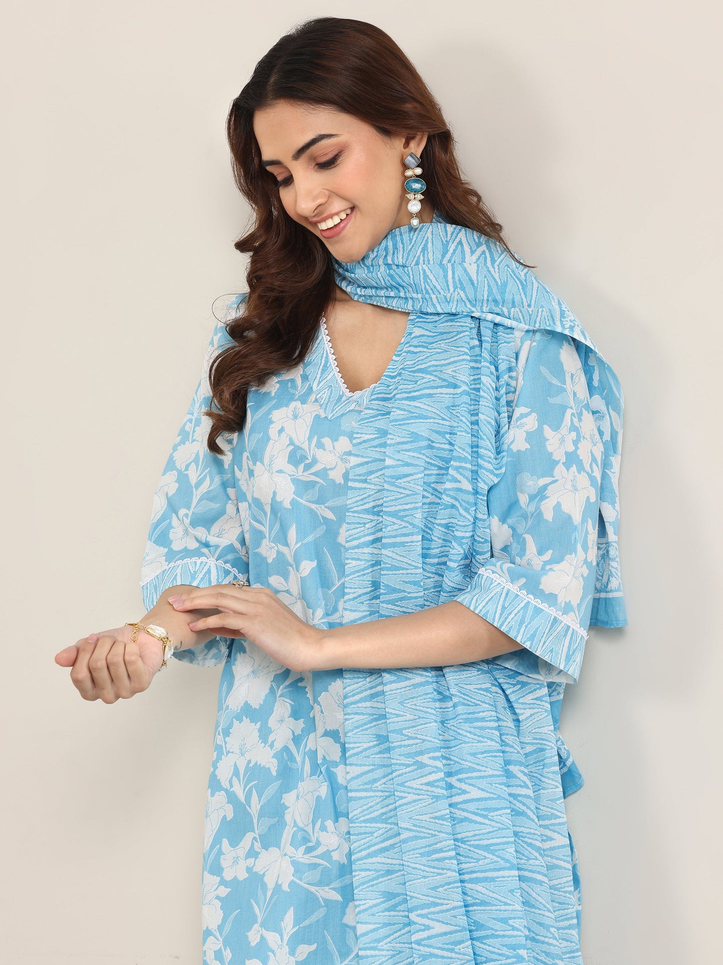 Blue Printed Cotton Straight Suit With Dupatta
