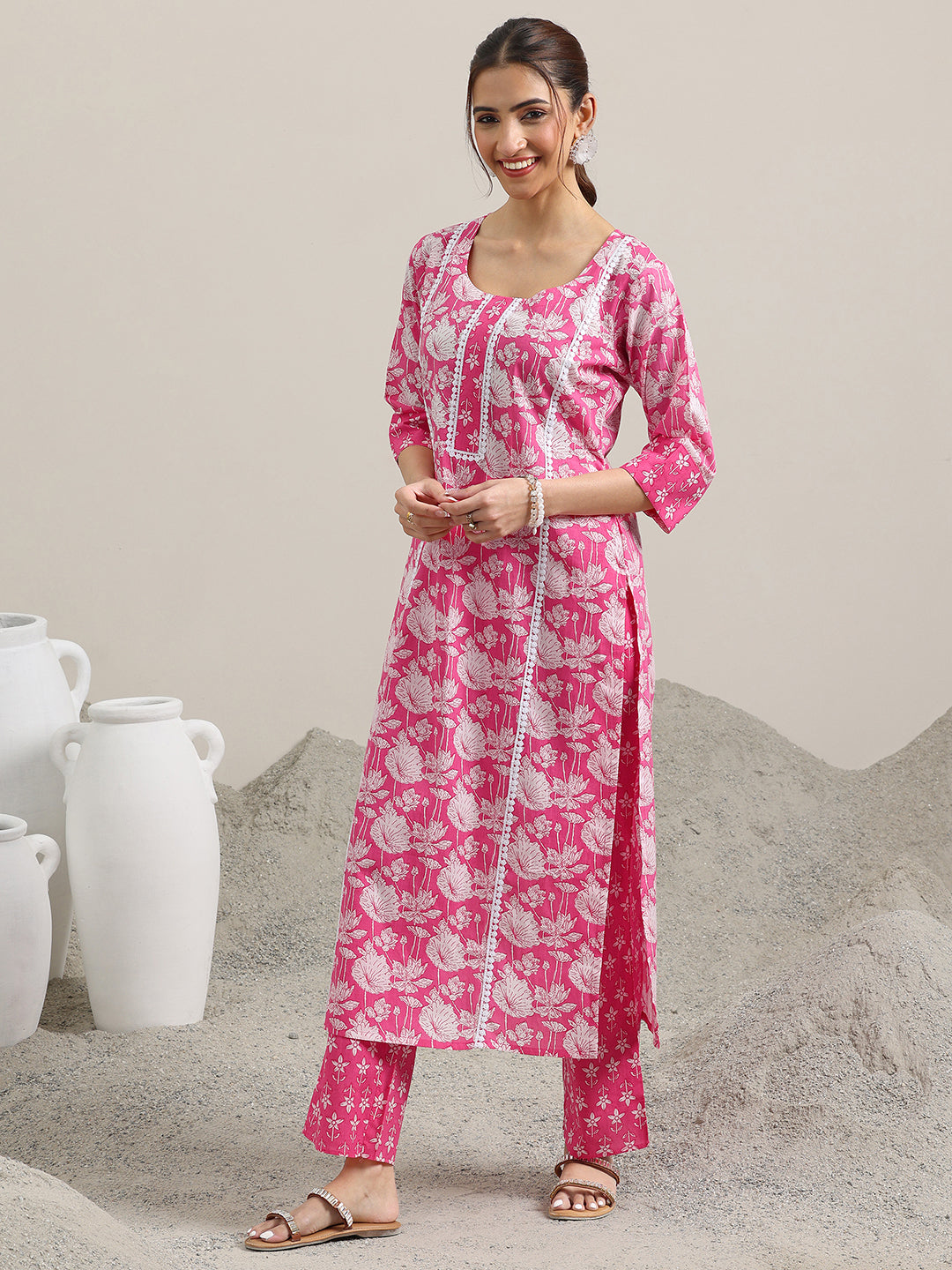 Pink Printed Cotton Straight Suit With Dupatta