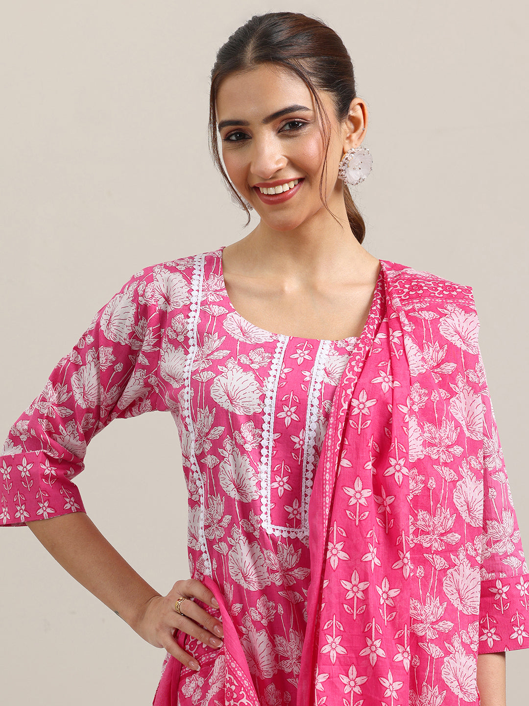 Pink Printed Cotton Straight Suit With Dupatta