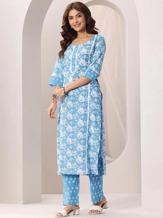 Blue Printed Cotton Straight Suit Set With Dupatta