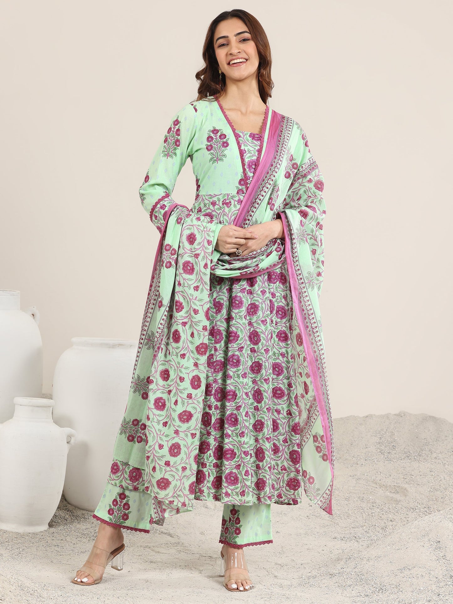 Green Printed Cotton A-Line Suit With Dupatta