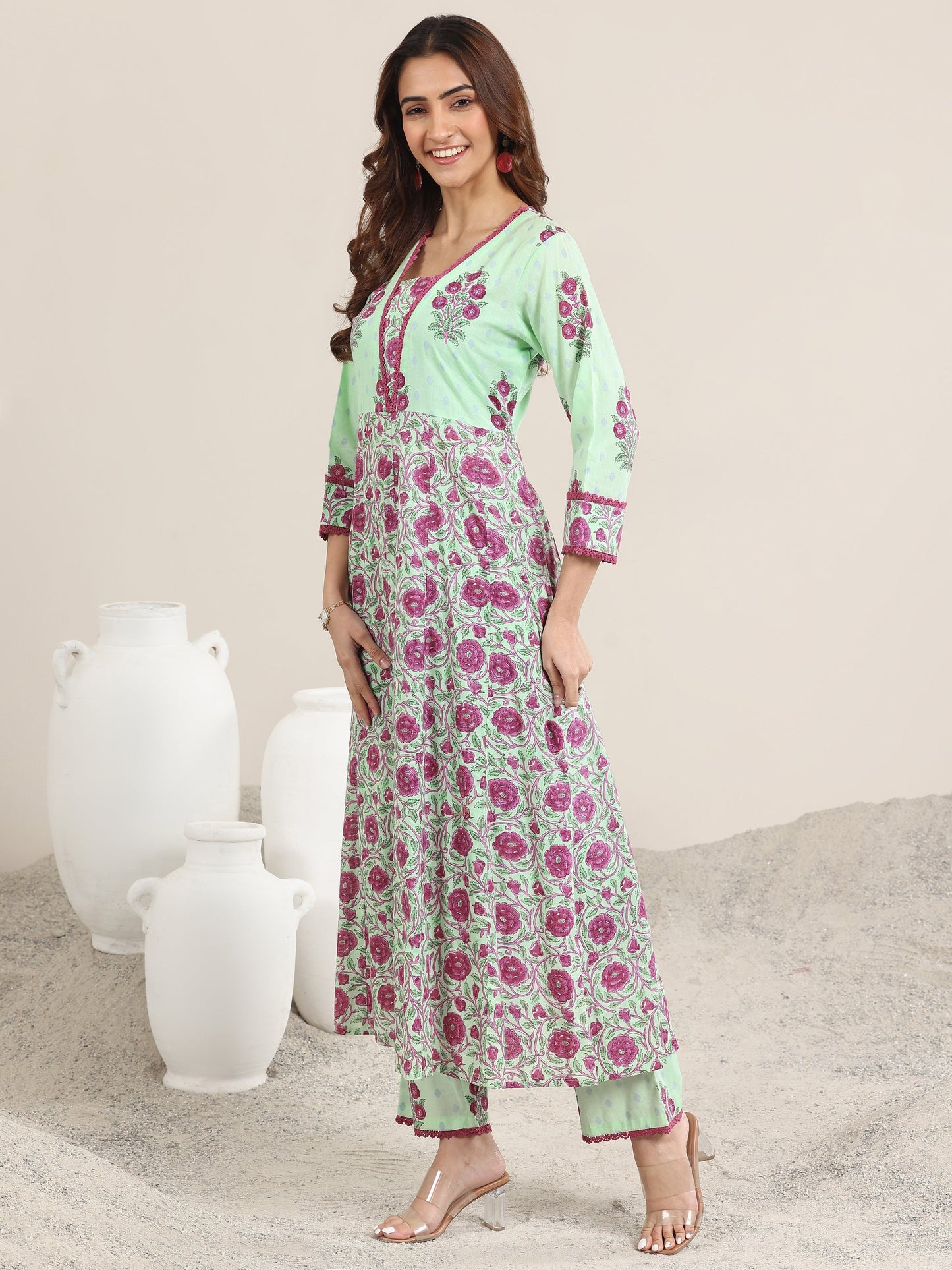 Green Printed Cotton A-Line Suit With Dupatta
