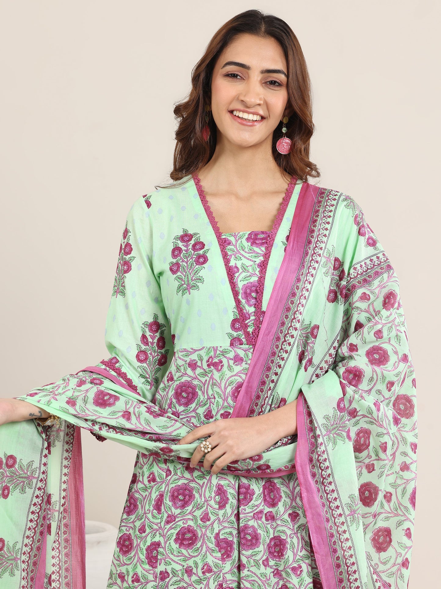 Green Printed Cotton A-Line Suit With Dupatta