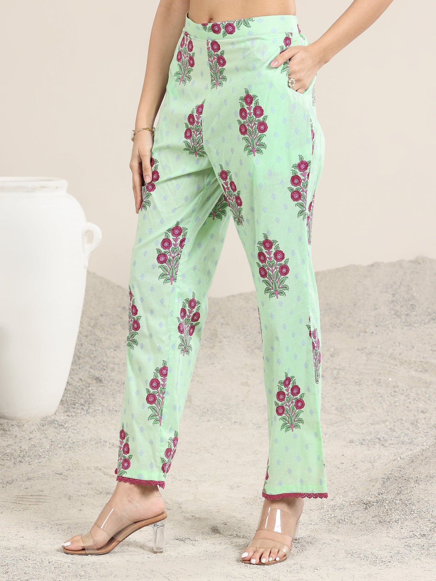 Green Printed Cotton A-Line Suit With Dupatta