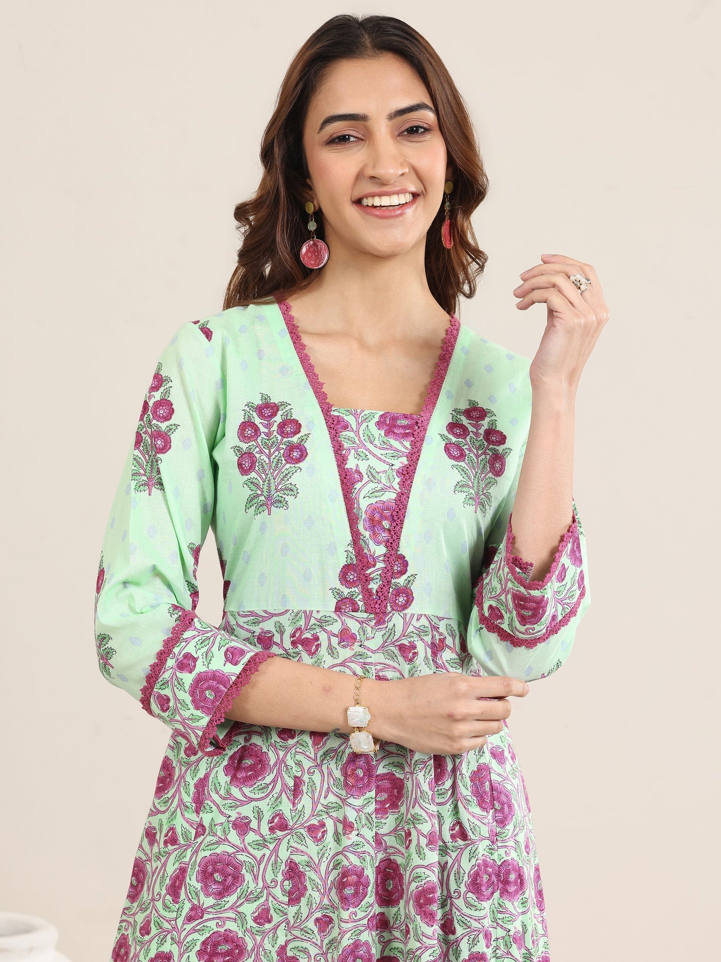 Green Printed Cotton A-Line Suit With Dupatta