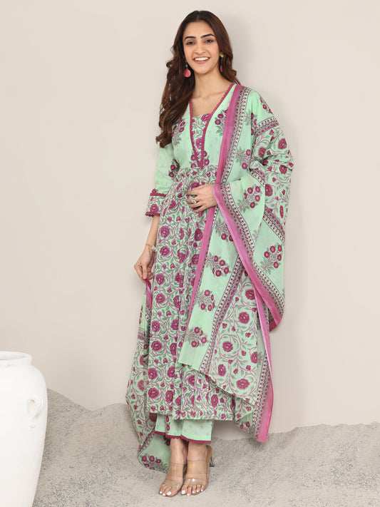 Green Printed Cotton A-Line Suit With Dupatta