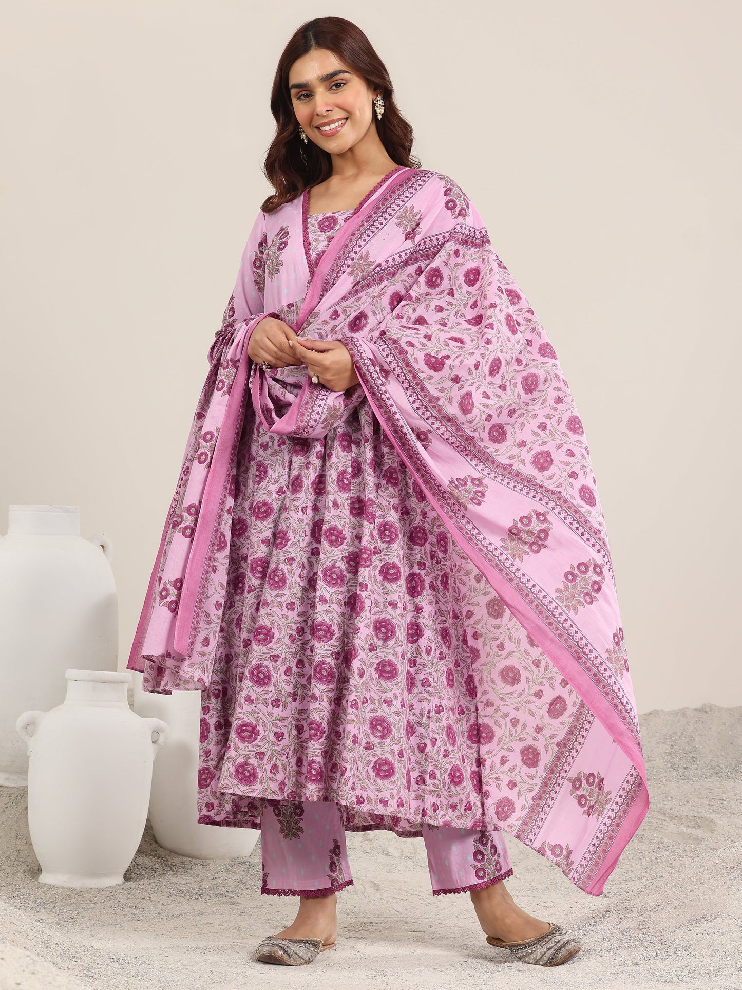 Pink Printed Cotton A-Line Suit With Dupatta