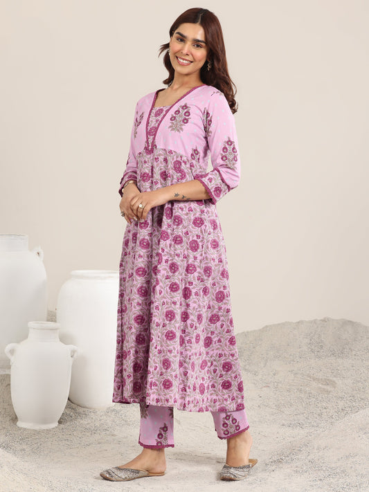 Pink Printed Cotton A-Line Suit With Dupatta