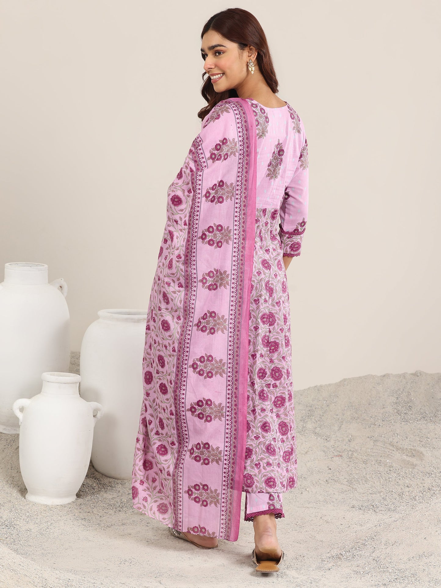 Pink Printed Cotton A-Line Suit With Dupatta