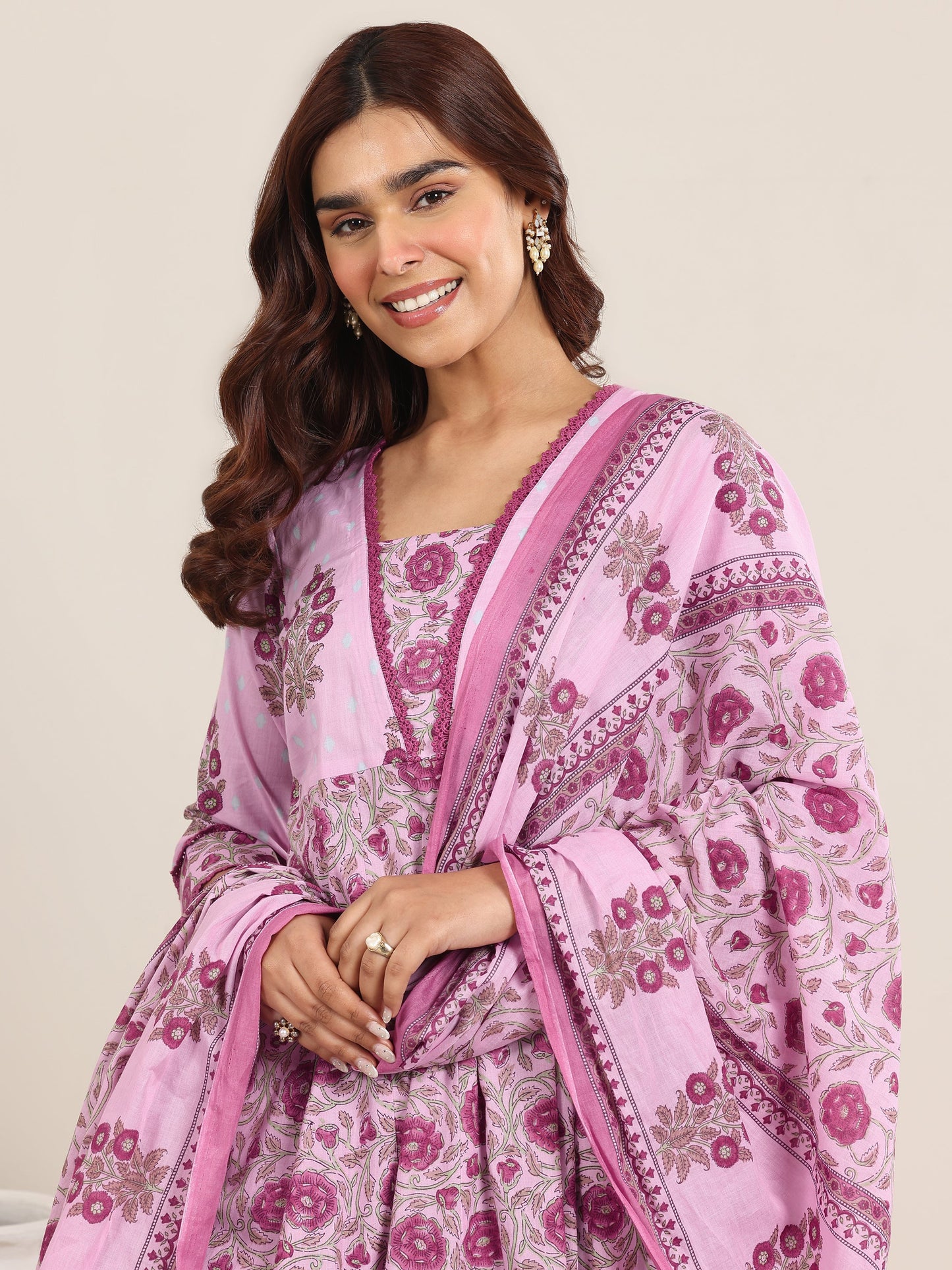 Pink Printed Cotton A-Line Suit With Dupatta