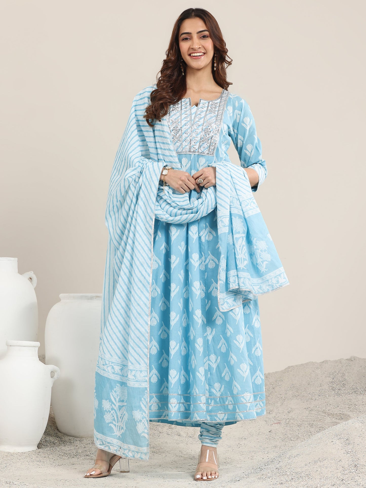 Blue Printed Cotton Anarkali Suit With Dupatta
