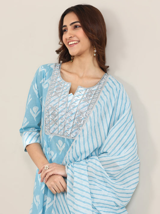 Blue Printed Cotton Anarkali Suit With Dupatta