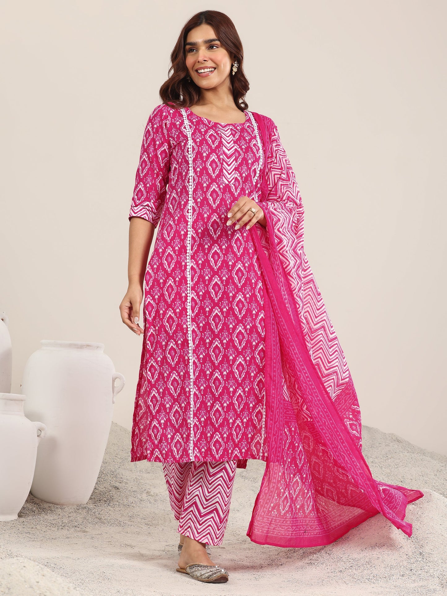 Pink Printed Cotton Straight Suit With Dupatta