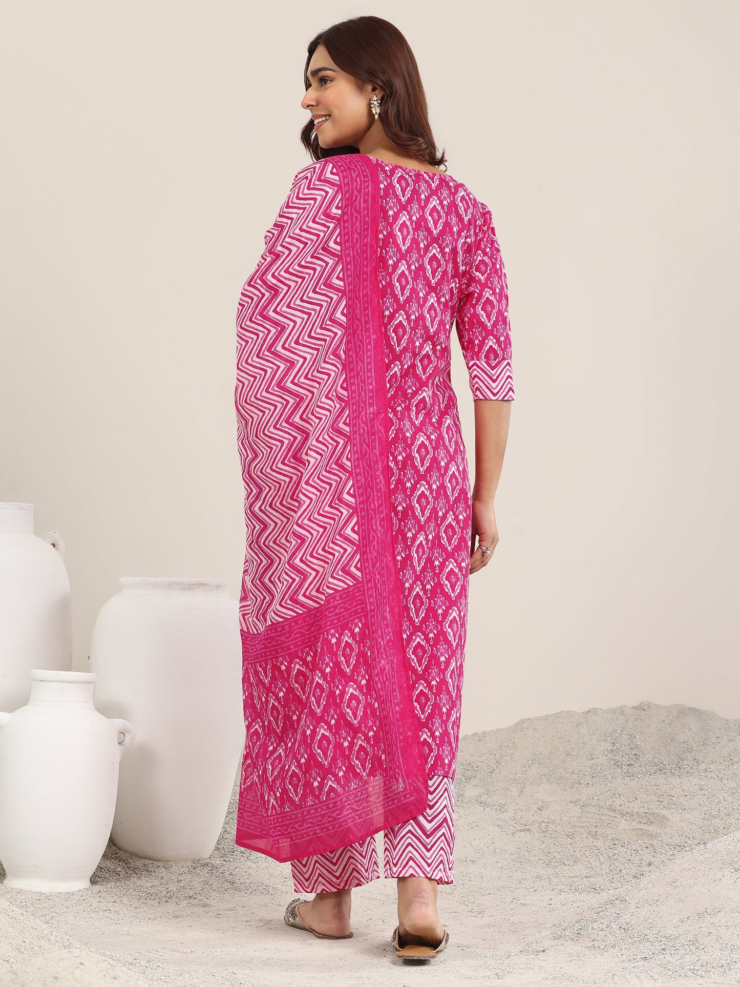 Pink Printed Cotton Straight Suit With Dupatta