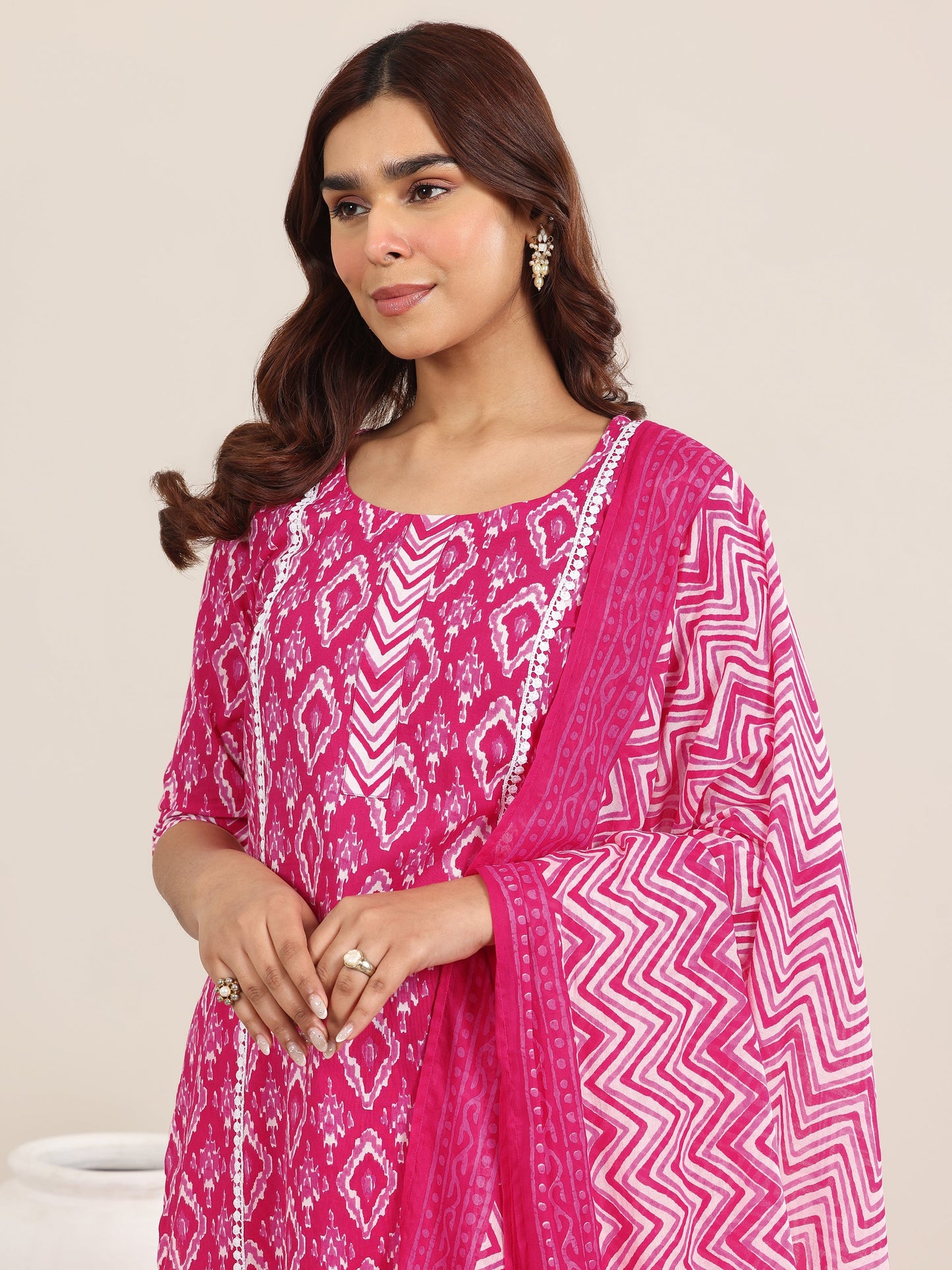 Pink Printed Cotton Straight Suit With Dupatta