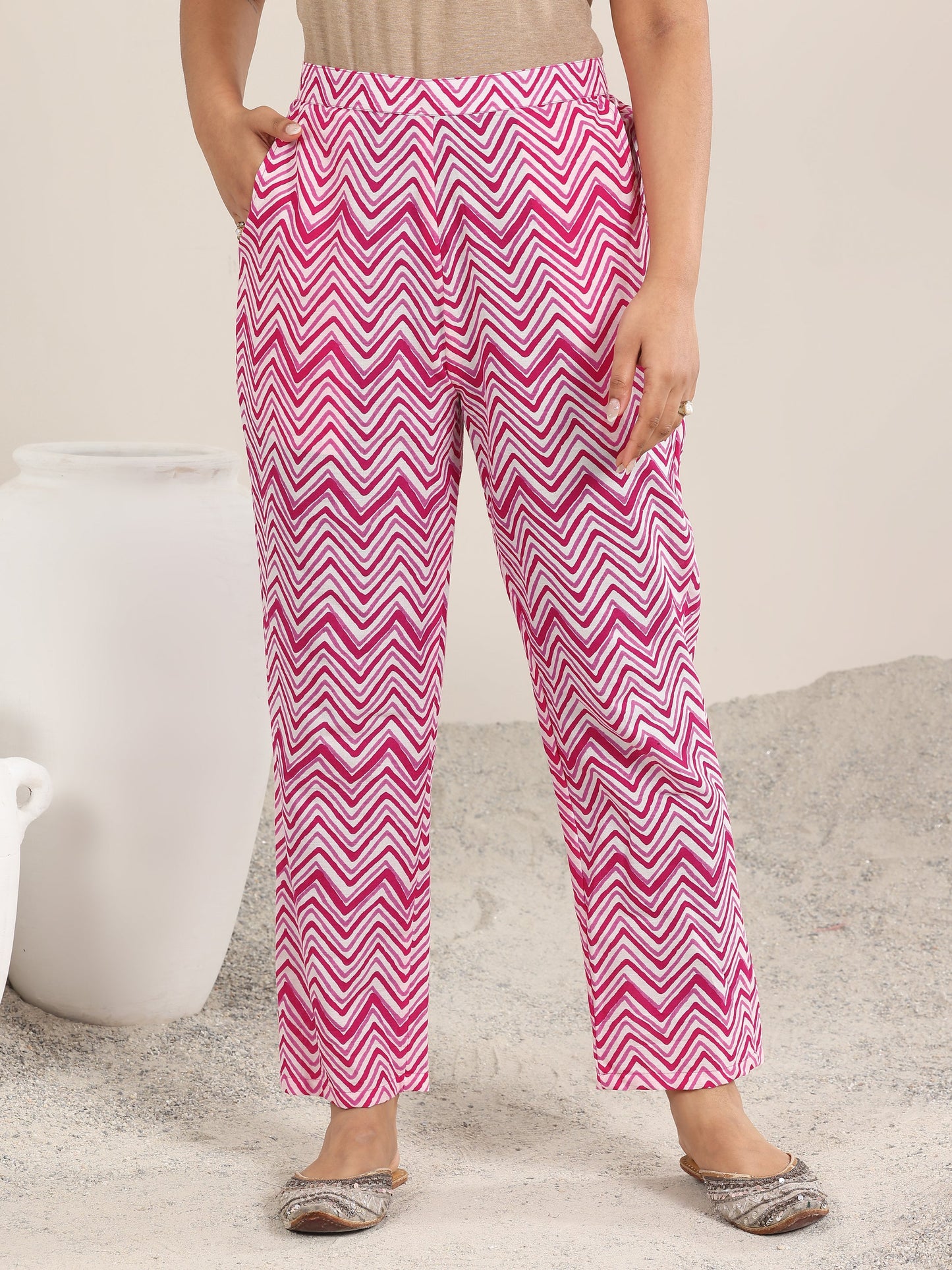 Pink Printed Cotton Straight Suit With Dupatta