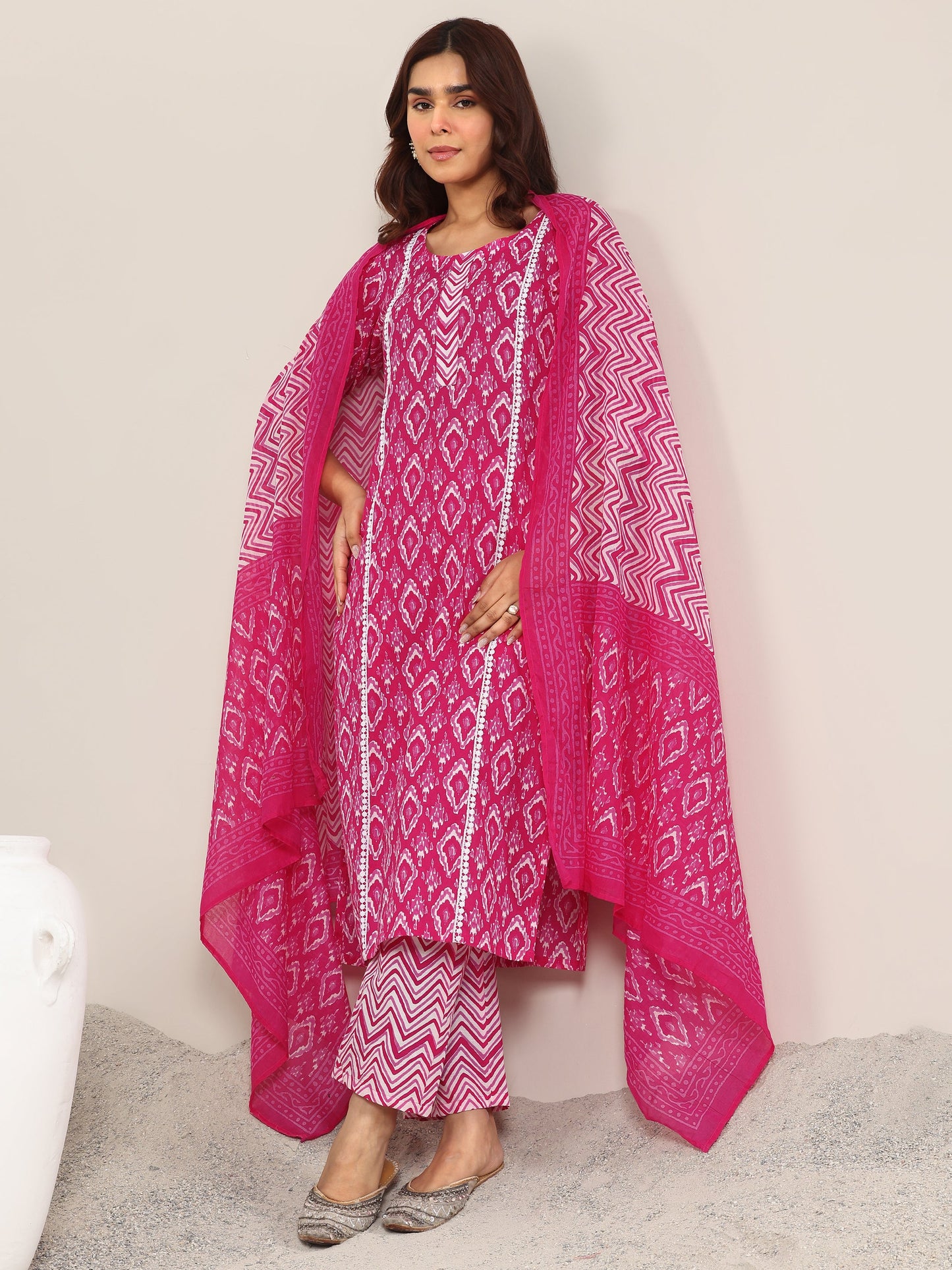 Pink Printed Cotton Straight Suit With Dupatta