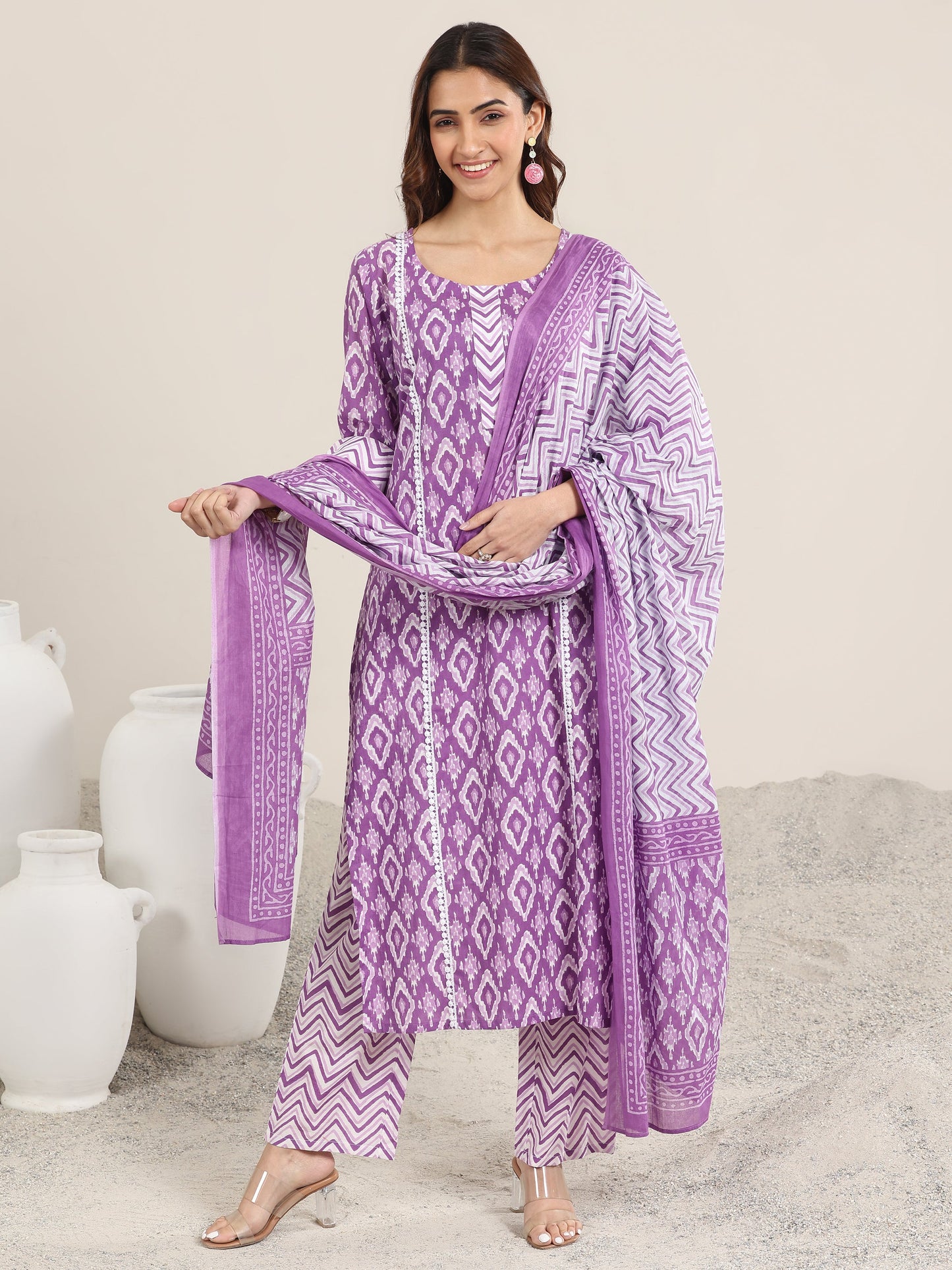 Purple Printed Cotton Straight Suit With Dupatta