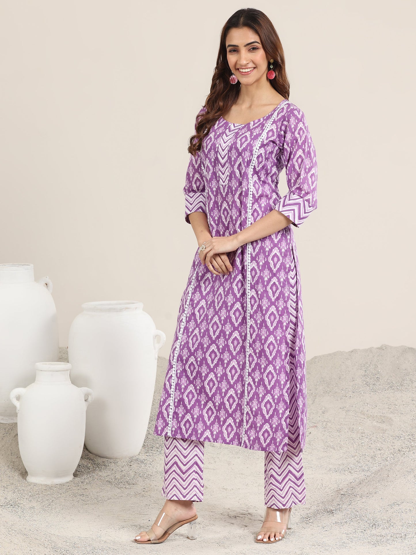 Purple Printed Cotton Straight Suit With Dupatta