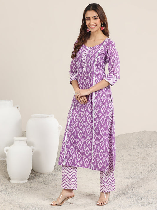 Purple Printed Cotton Straight Suit With Dupatta