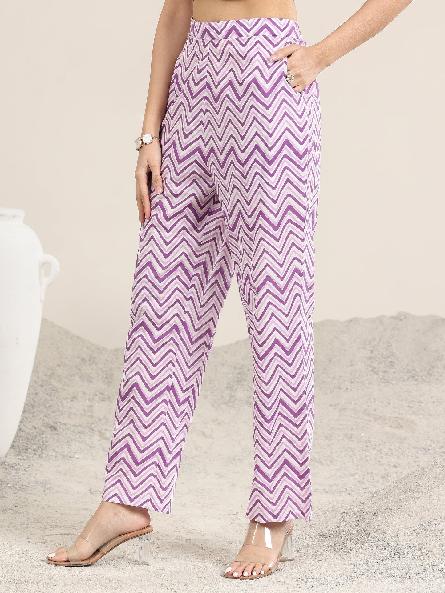 Purple Printed Cotton Straight Suit With Dupatta